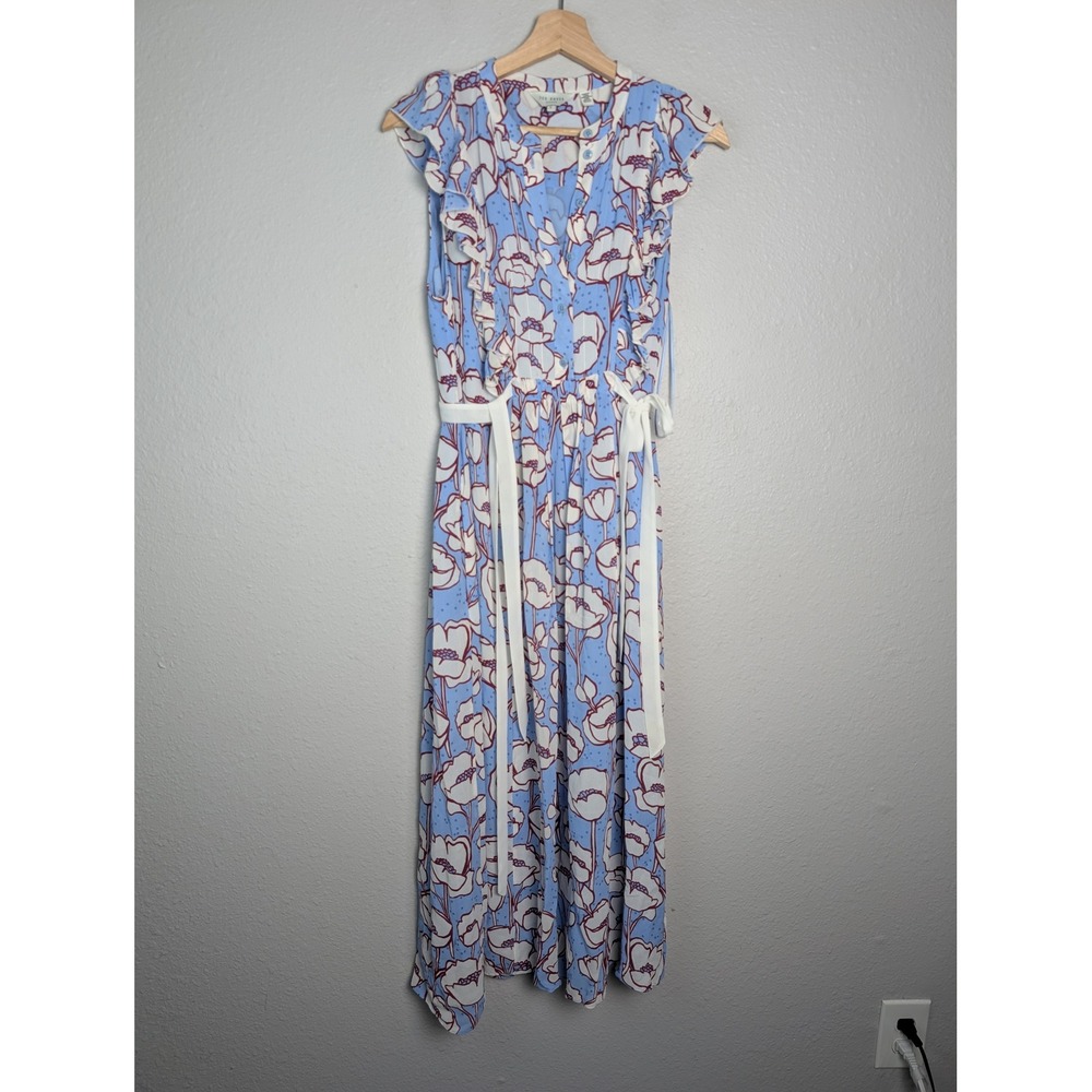 Ted Baker London Tindraa Blue Floral Poppy Ruffle Maxi Dress Size 2 US 6 - Picture 2 of 9